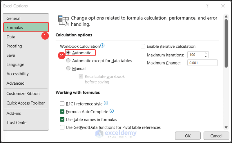Changing the Formula Options from manual to automatically option to calculate the value