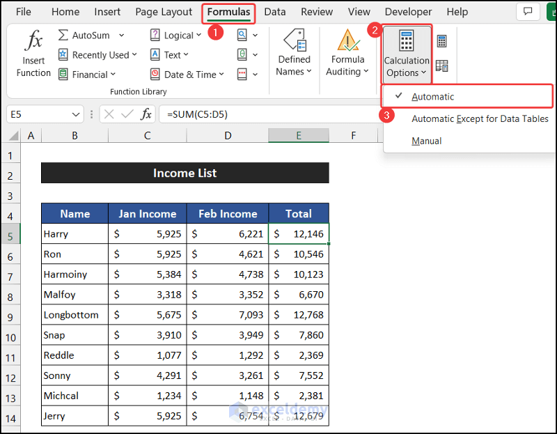 Modifying Calculation Options to Fix Excel Formulas Not Calculating Automatically