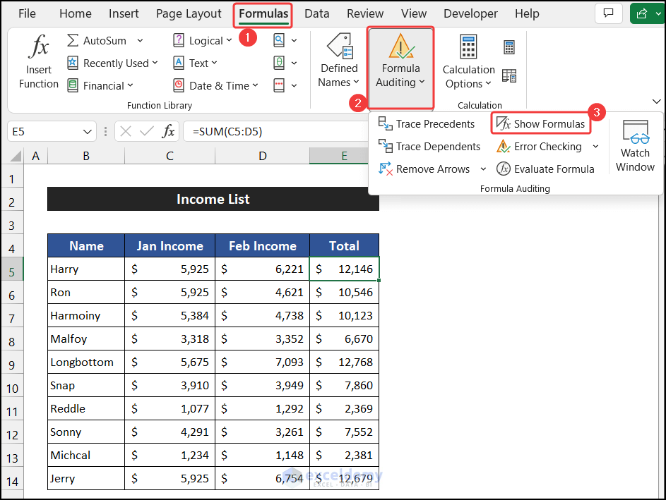 Turn Off Show Formulas Command to Fix Excel Formulas Not Calculating Automatically