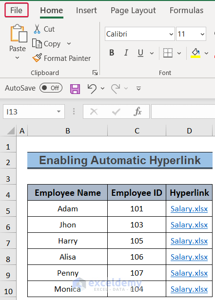 selecting file tab to address the problem when excel hyperlink formula is not working