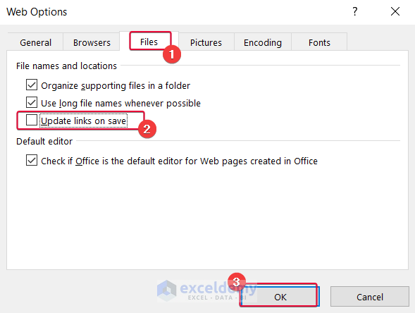 choosing update links on save to address the problem when excel hyperlink formula is not working