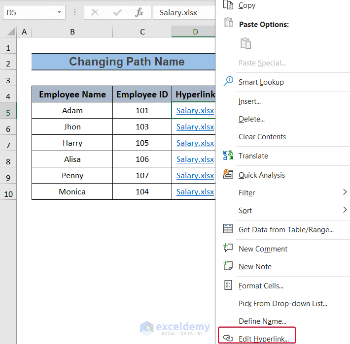 selecting edit hyperlink to address the problem when excel hyperlink formula is not working