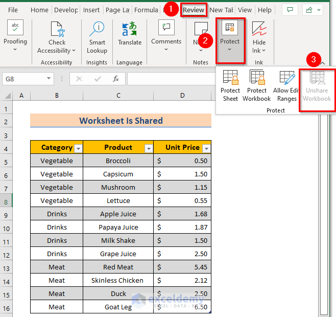 Unshare Workbook to the Problem Merge Cells Greyed Out in Excel
