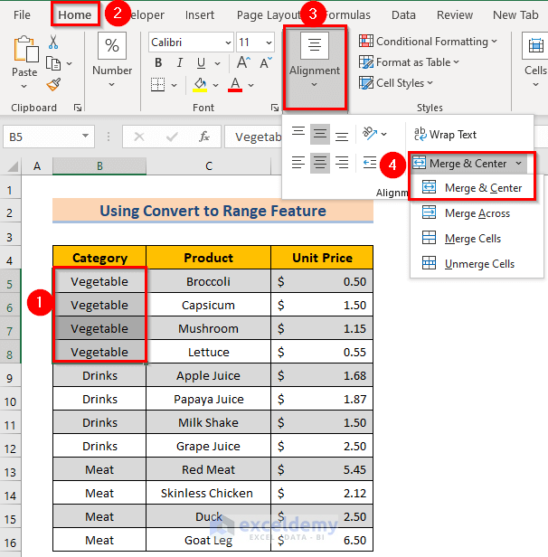Using Mergr and Center Option to the Problem Merge Cells Greyed Out in Excel