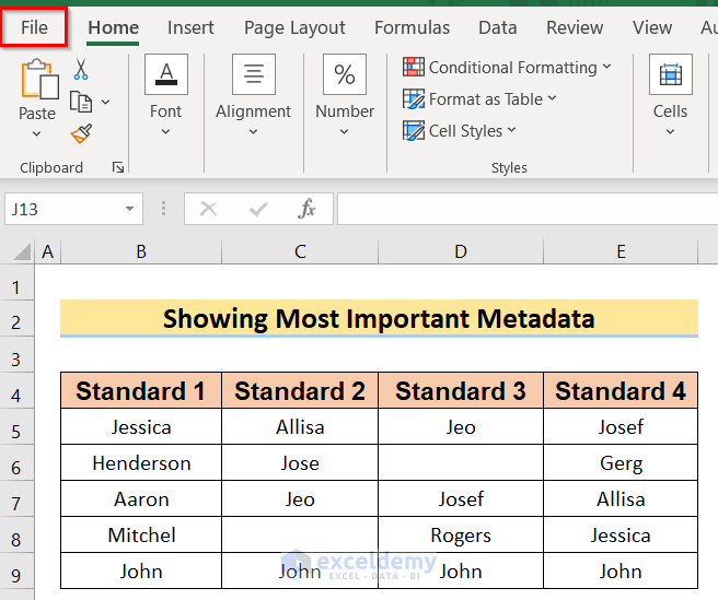 Using File Option to Show Excel Metadata Viewer