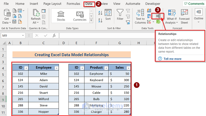 Using Data Tools Relationship Option to Make Excel Reference Data Model in the Formula