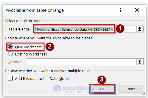 Using PivotTable Dialog box to Make Excel Reference Data Model in the Formula