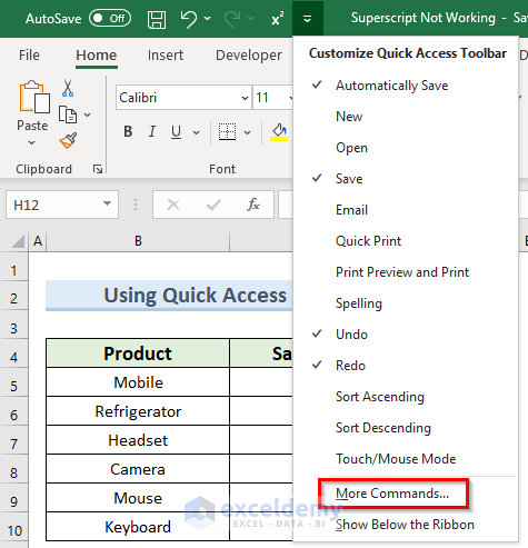 customizing QAT to solve excel superscript not working problem