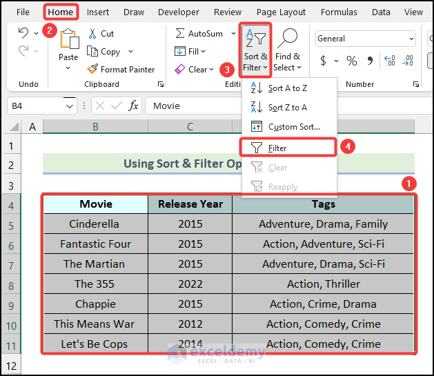 Using Sort & Filter Option from Ribbon to filter tags in Excel