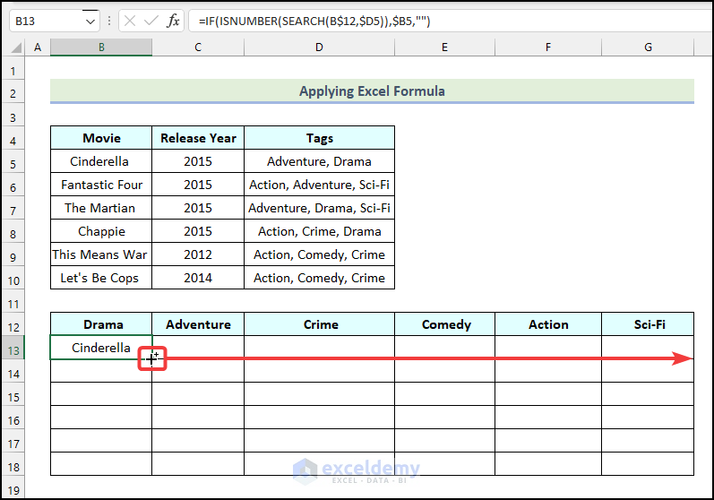 Using Fill Handle to filter tags in Excel