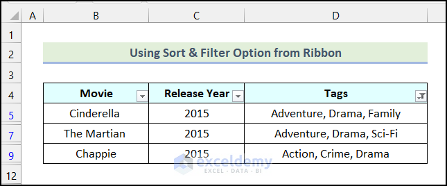 Final output of method 1 to filter tags in Excel