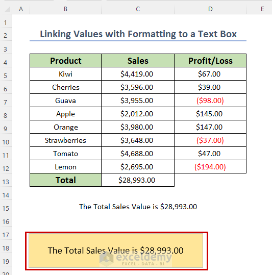 Formatting Values of a Linked Cell in an Excel Text Box