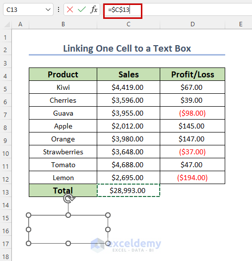 excel text box linked to a single cell