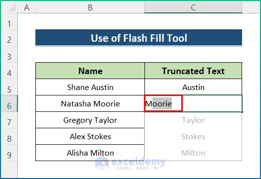 Use la herramienta Flash Fill para truncar texto desde la derecha en Excel