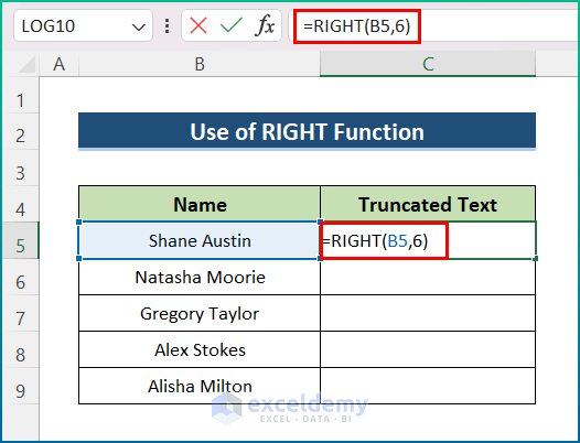 Utilize RIGHT Function to Truncate Text from Right