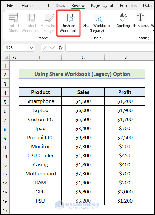 Final output of method 1 if Unshare Workbook is greyed out in Excel