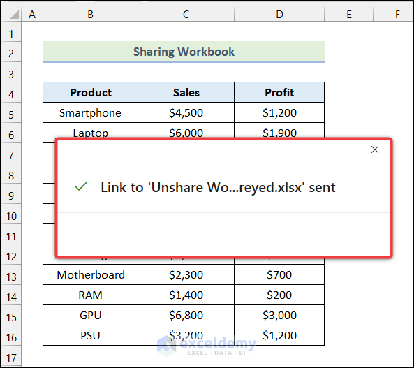 Final output of method 2 What to if you're Unable to Share Excel Workbook