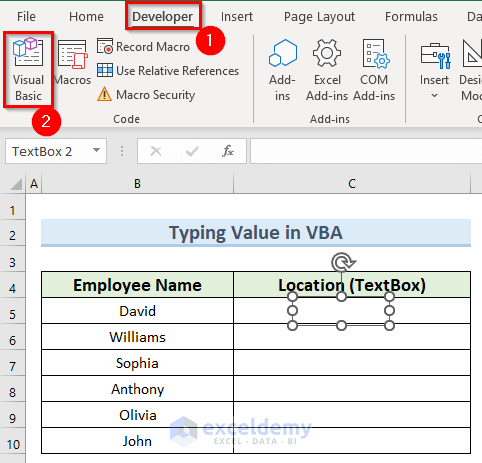 opening visual basic to add text to a Textbox using Excel VBA