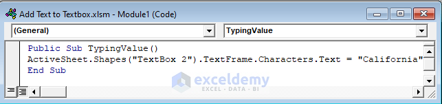 macro code to add text to a Textbox using Excel VBA