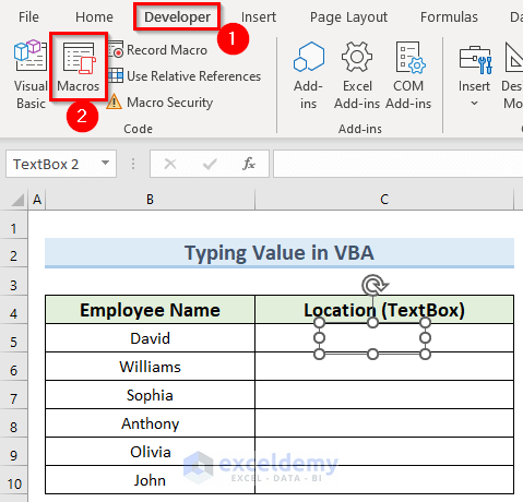 opening macros to add text to a Textbox using Excel VBA
