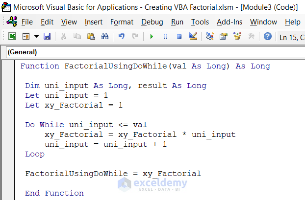 Inserting Code to Calculate Factorial Using Excel VBA