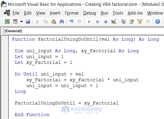 Inserting VBA Code to Calculate Factorial Using Excel VBA