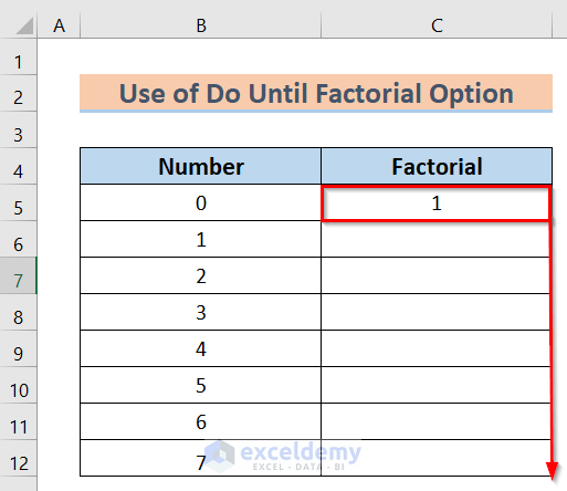 Using Fill Handle to Calculate Factorial Using Excel VBA