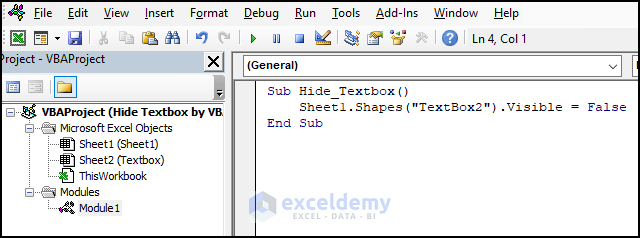 Our VBA code to hide text box