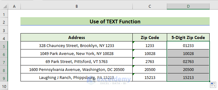 output of zip code from TEXT funtion