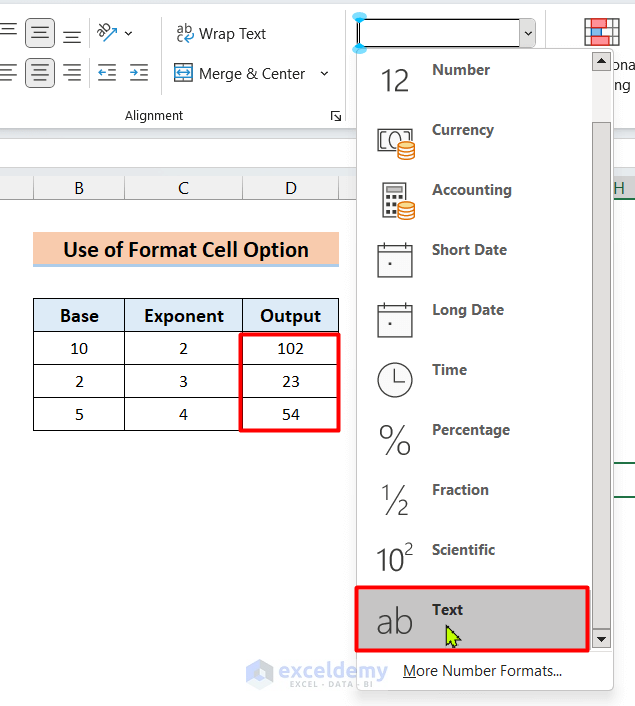 Use of Format Cell Option to Express Exponent in Excel