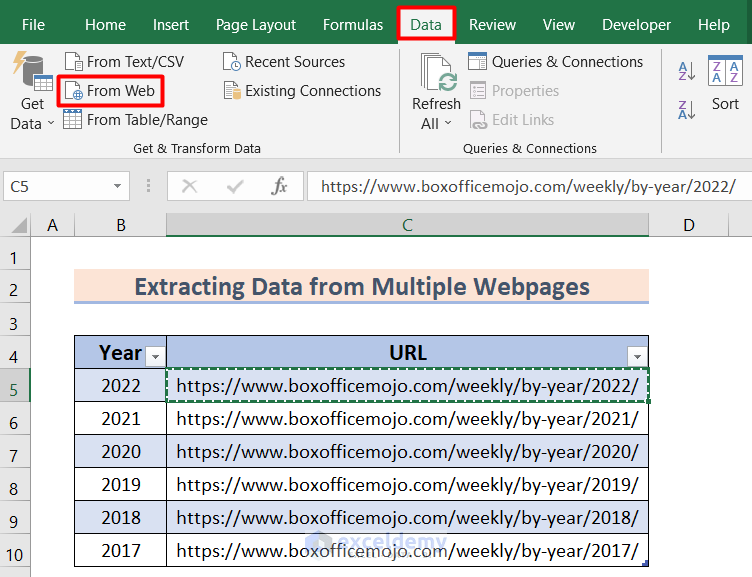 Connecting to web to extract data from multiple web pages into excel