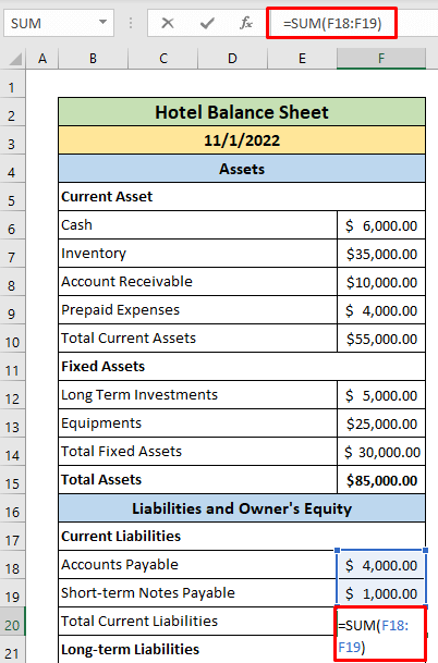 Input liabilities of Hotel Balance sheet in Excel