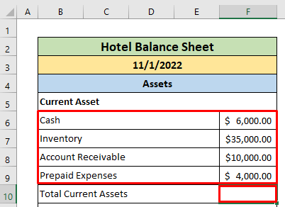 Input assets of Hotel Balance sheet in Excel
