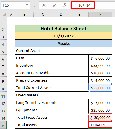 Input assets of Hotel Balance sheet in Excel