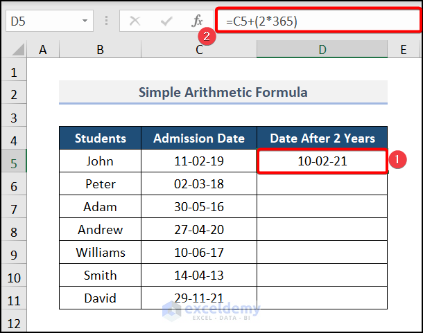 Arithmetic Formula to add 2 Years to a Date in excel