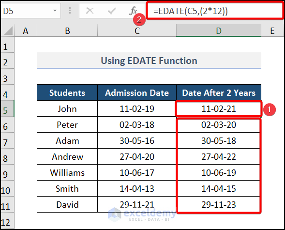 Using the EDATE Function to add 2 years to a date in Excel