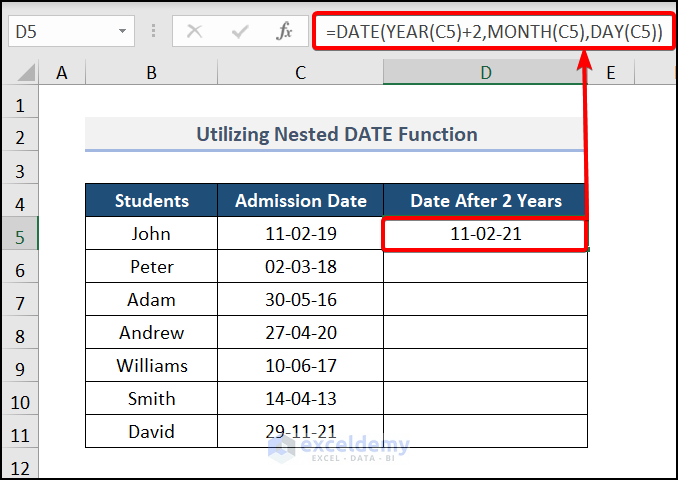 Using the Nested DATE Function to add 2years to a date in Excel
