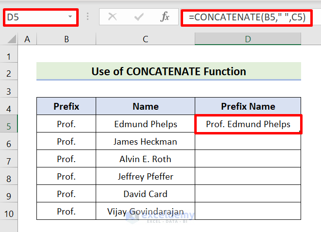 Apply CONCATENATE Function to Add Prefix in Excel