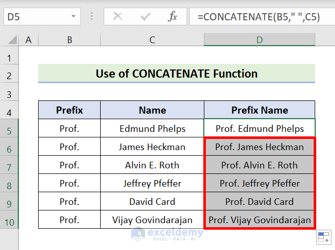 Output of applying CONCATENATE Function to Add Prefix in Excel