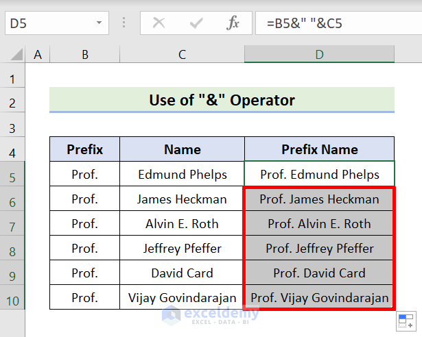 Output of using the “&” Operator in Excel to Insert Prefix