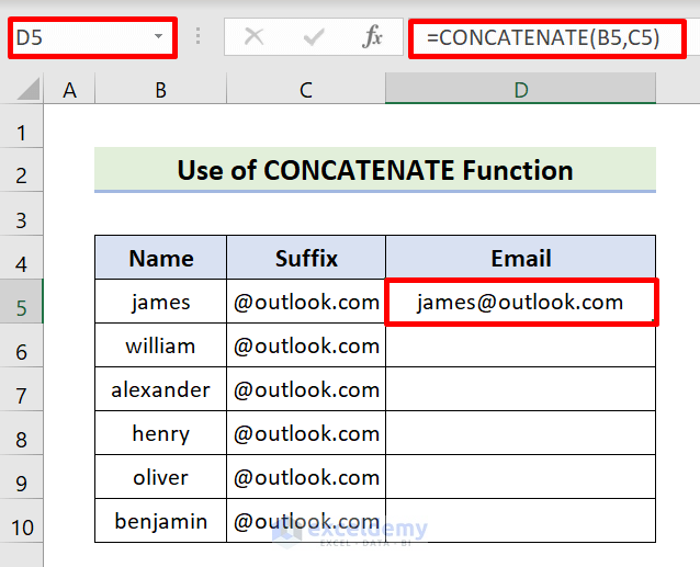 Utilize CONCATENATE Function to Add Suffix in Excel
