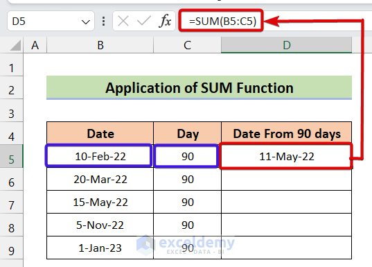 Application of SUM Function to Calculate 90 days from a Specific Date in Excel