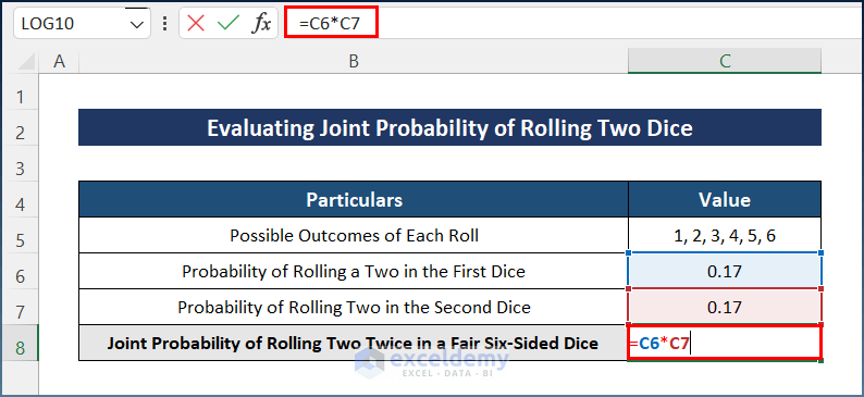 Evaluating Joint Probability of Rolling Two Dice in Excel