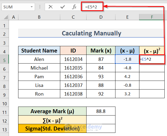 Square to Calculate Sigma in Excel