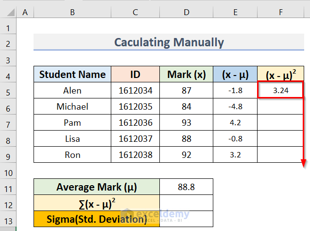 Using Fill Handle to Calculate Sigma in Excel