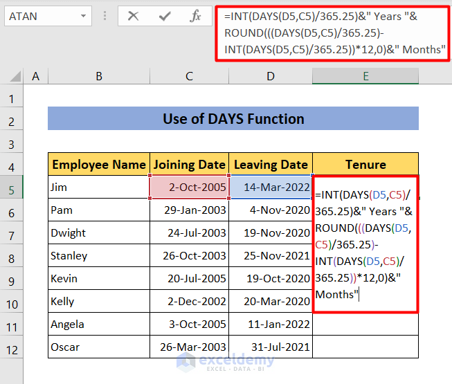 how to calculate tenure in years and months in Excel using DAYS function