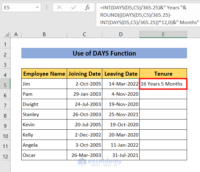 how to calculate tenure in years and months in Excel using DAYS function