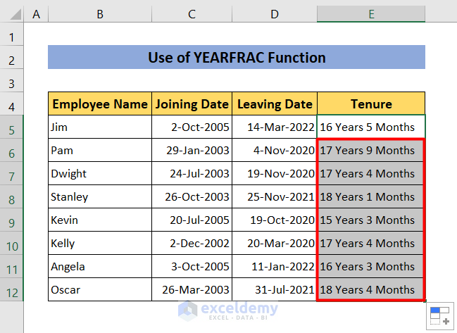 how to calculate tenure in years and months in Excel using YEARFRAC function
