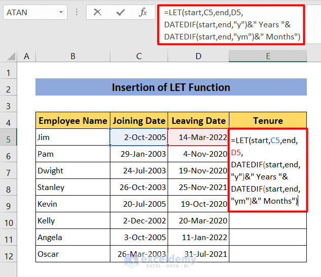 how to calculate tenure in years and months in Excel using LET function
