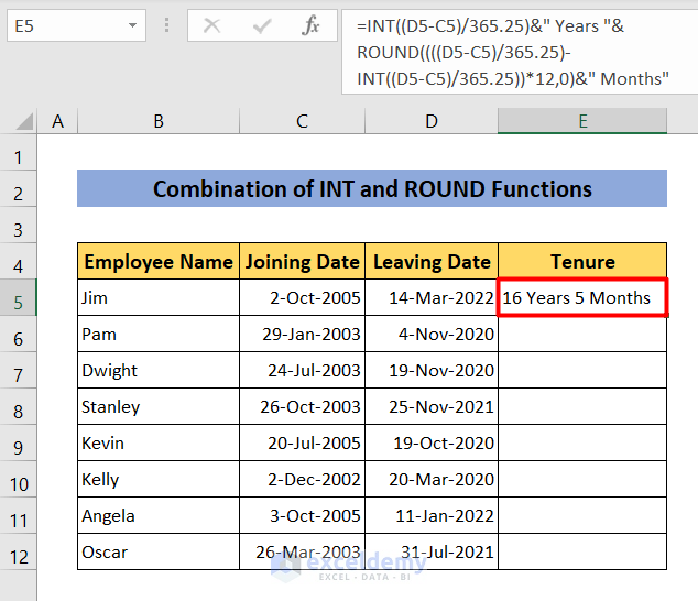 how to calculate tenure in years and months in Excel using INT & ROUND function